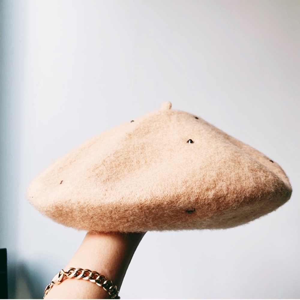 Tan Rhinestone Wool Beret Hat